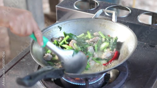 Stir-fried Chinese kale with fresh pork