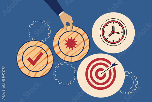 63 Wooden discs, clock icons, target symbol, hand placing disc, blue background, conceptual image, time management, goal setting, precision, alignment, minimalist design, top view, organization concep