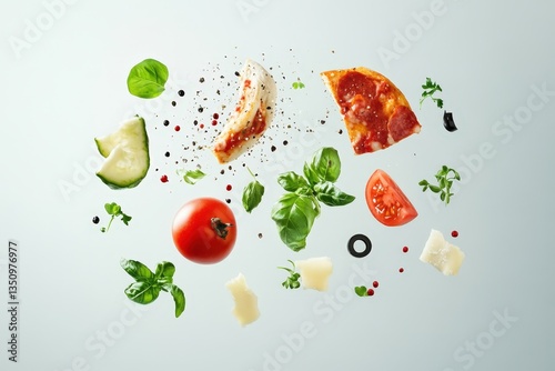 A creative display of pizza ingredients in free fall
