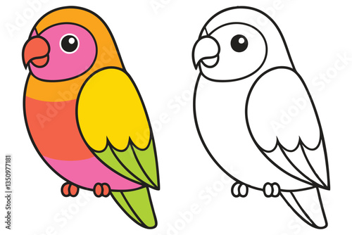 Adorable Cartoon Lovebird Illustration Colorful and Black and White Version for Coloring Pages Bird Animal