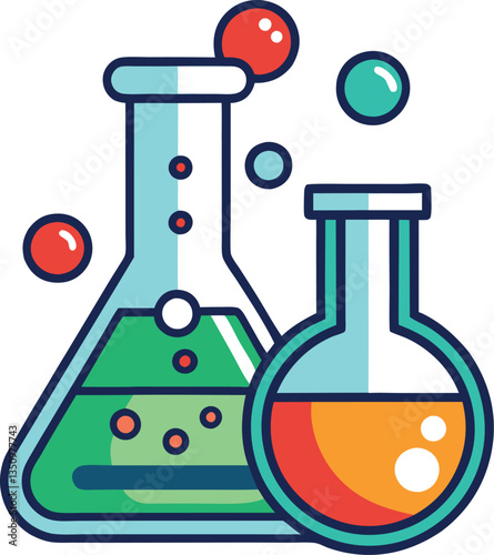 Illustration of laboratory flasks with colorful liquids and bubbles, A vibrant illustration of two laboratory flasks filled with green and orange liquids, surrounded by bubbles, symbolizing chemistry 