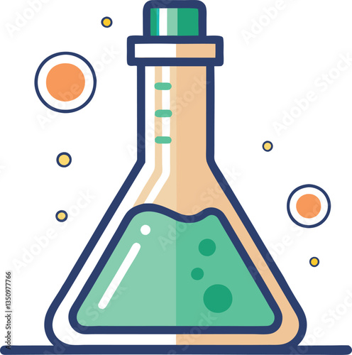 Illustration of a laboratory flask with green liquid and bubbles, A colorful illustration of a laboratory flask filled with green liquid and floating bubbles, symbolizing chemistry and scientific expe