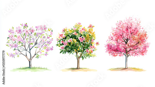 Fototapeta Naklejka Na Ścianę i Meble -  Vertor set of spring blossom tree,blooming plants side view for landscape elevation and section,eco environment concept design,watercolor shrub illustration,colorful season 