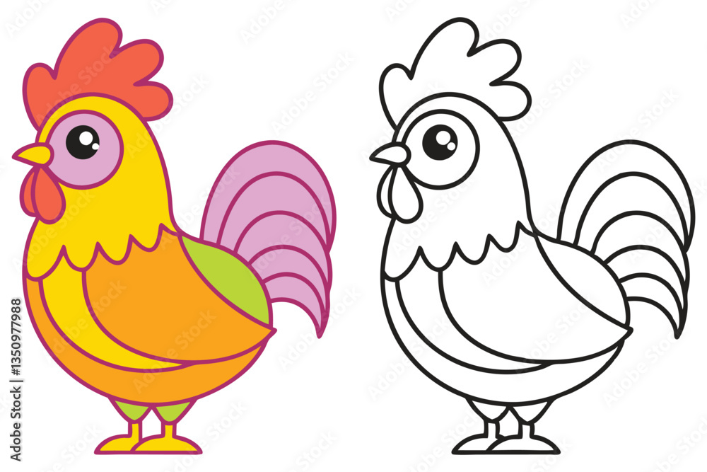 Fototapeta premium Colorful Rooster Illustration with Coloring Page Rooster Cartoon Animal Bird Cock Farm Poultry Domestic Animal