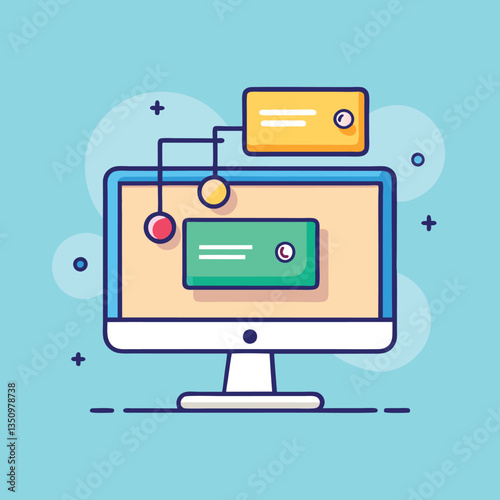 Illustration of online messaging and communication system, A colorful illustration of a computer screen with connected messaging windows, representing digital communication and online messaging.
