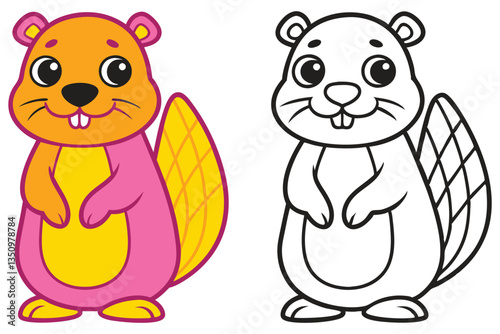 Adorable Cartoon Beaver Illustration Color and Black and White Version for Kids Coloring Book