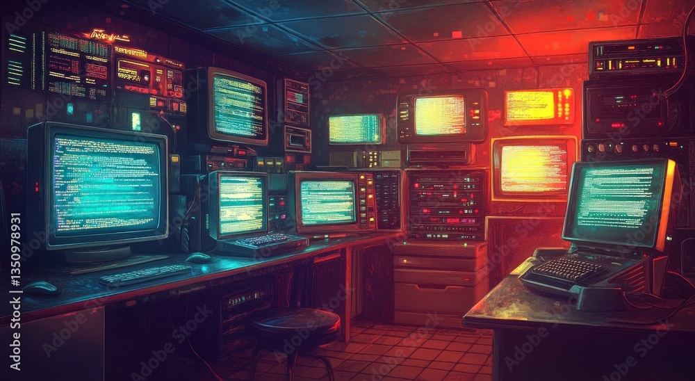 A retro style computer room with multiple screens visible A retro style computer room with multiple screens visible