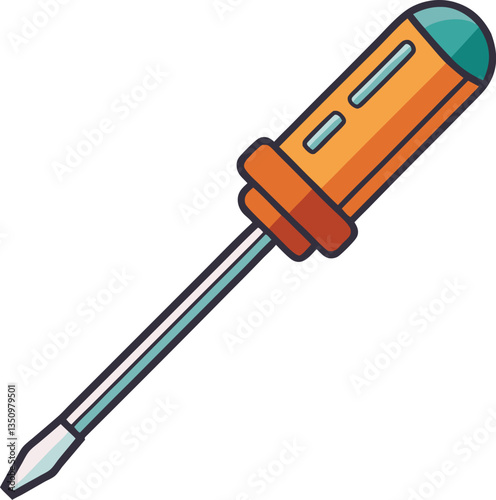 Illustration of a flathead screwdriver with orange handle, A colorful illustration of a flathead screwdriver with an orange handle, symbolizing tools for DIY projects and home repair.
