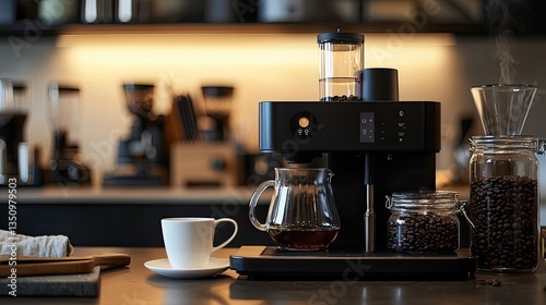 Modern coffee maker with carafe and cup on kitchen counter