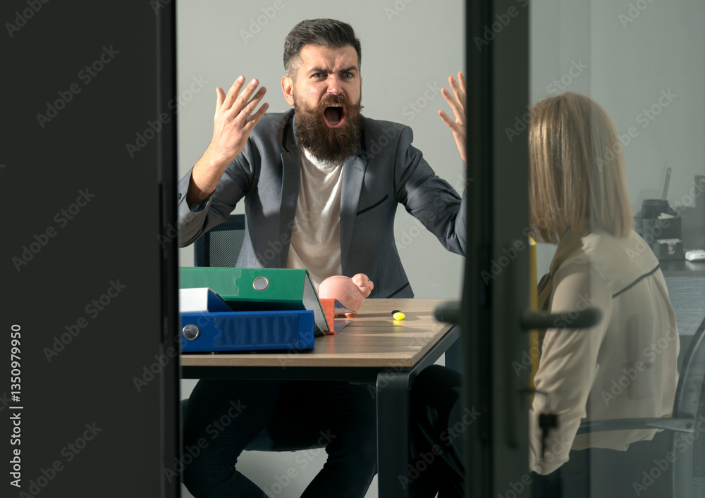 Angry boss shouting at an employee. Office conflict. Frustrated secretary dealing with a rude boss. Nervous employee facing an angry manager. Boss screaming in frustration. Office conflict.