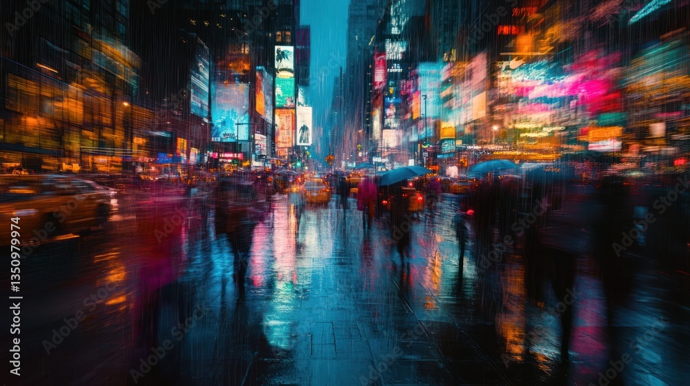 Naklejka premium Rainy night in Times Square, New York City, blurred motion of pedestrians and cars, vibrant city lights reflections, urban, stock photo