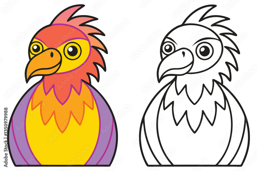 Fototapeta premium Colorful Bird Illustration with Line Art Version for Coloring Pages Cute Cartoon Animal Design for Kids Activities