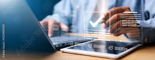 Businessman showing online document validation icon, quality assessment management With a checklist, business document evaluation process, market data report analysis and consulting,