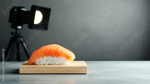 A trending profession. Food influencer and reviewer. A studio setup with sushi salmon and a camera, representing modern food content production.