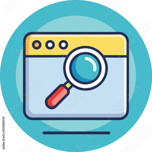 Illustration of magnifying glass in browser window, A colorful illustration showing a magnifying glass on a browser window, representing search and online exploration.

