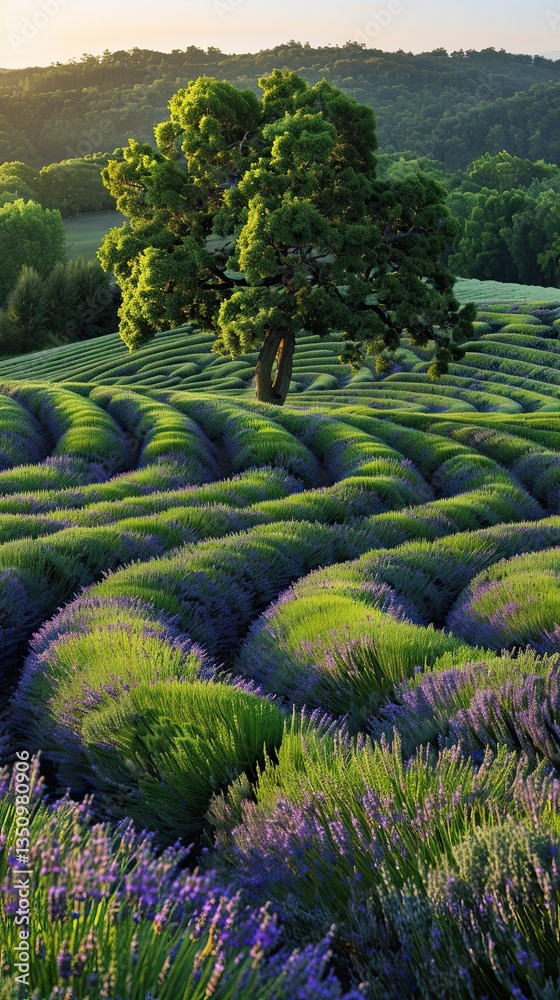Lush Lavender Fields with Solitary Tree