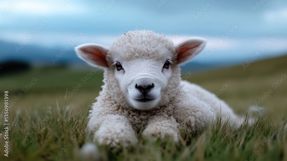 Fluffy lamb resting in grassy field Fluffy lamb resting in grassy field