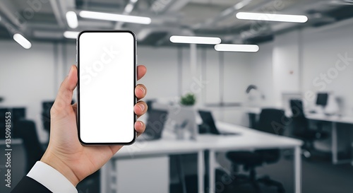 Professional hand holding smartphone with blank screen – Office setting for business apps