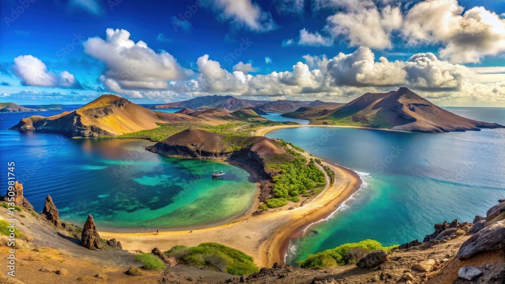Naklejka premium Beautiful panoramic view of Bartolome Island with clear blue waters, tranquility, tropical, tranquility