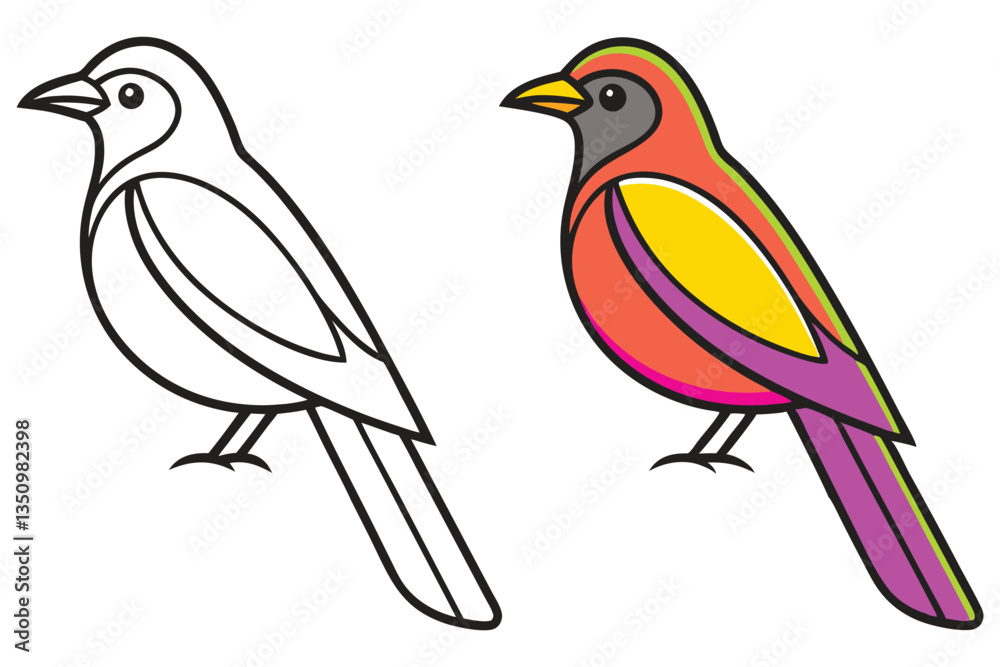 Fototapeta premium A Colorful Bird Illustration with a Line Art Version for Coloring Pages