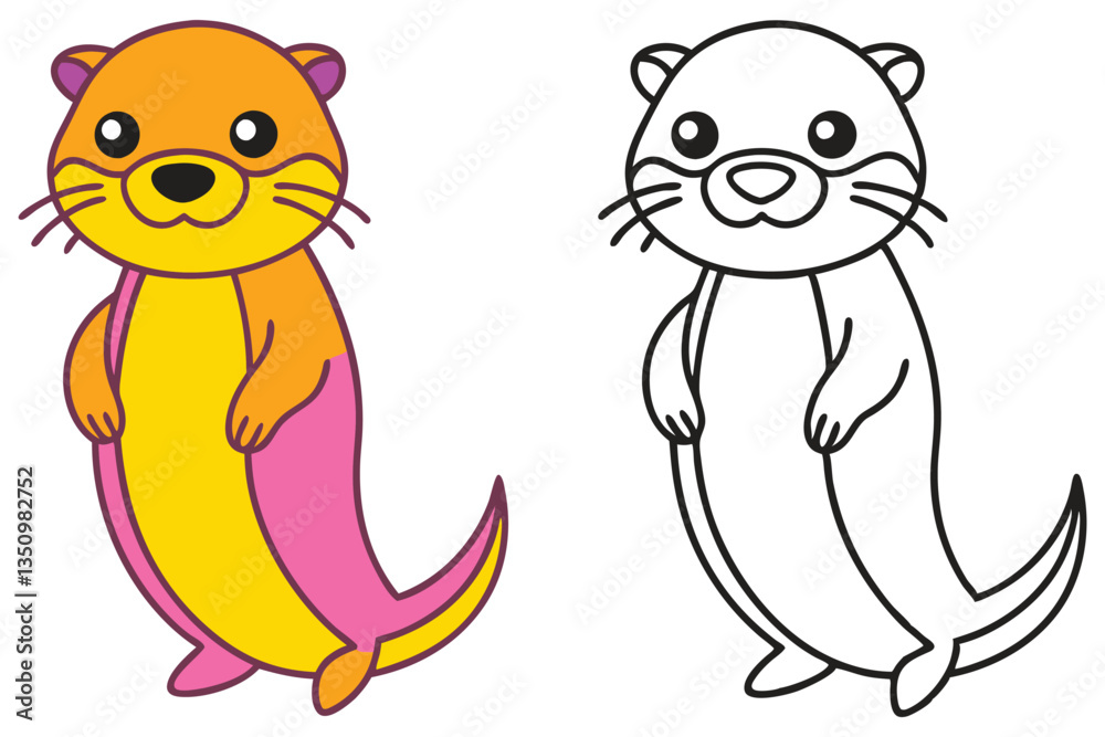 Fototapeta premium Adorable Cartoon Otter Illustration Color and Outline Version for Kids Coloring Book Pages