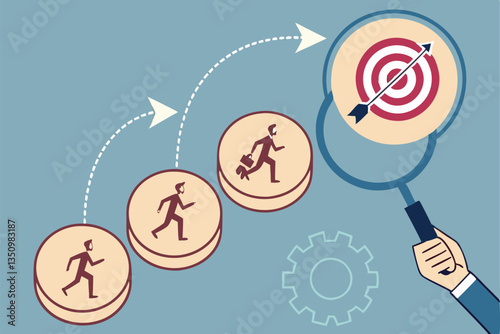 68 Business strategy, goal achievement, wooden circles, icons, growth path, hand holding magnifying glass, target with arrow, blue background, minimal design, concept visualization, step-by-step progr