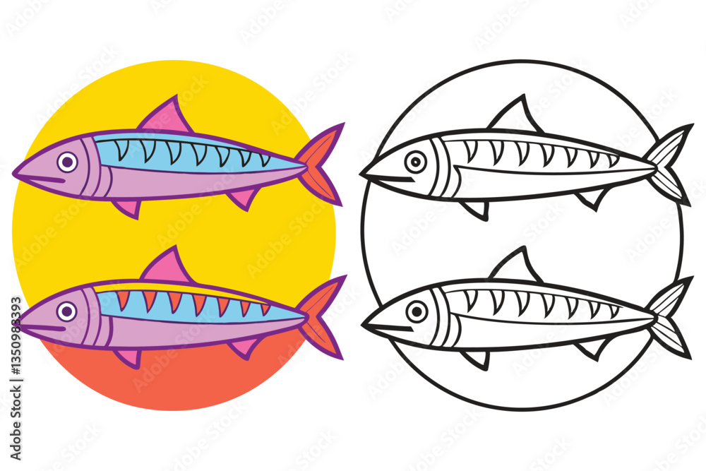 Two Colorful Mackerel Fish and Their Line Art Versions in a Circular Design Two Colorful Mackerel Fish and Their Line Art Versions in a Circular Design