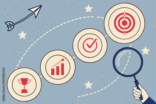 68 Business strategy, goal achievement, wooden circles, icons, growth path, hand holding magnifying glass, target with arrow, blue background, minimal design, concept visualization, step-by-step progr