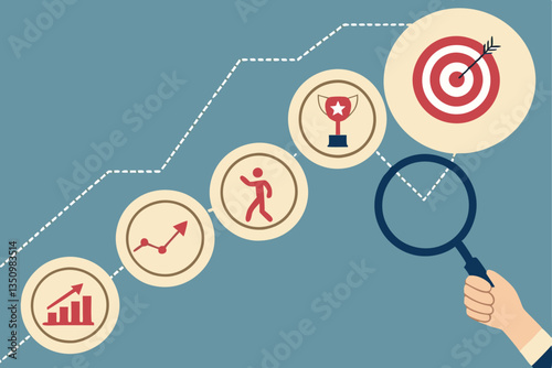 68 Business strategy, goal achievement, wooden circles, icons, growth path, hand holding magnifying glass, target with arrow, blue background, minimal design, concept visualization, step-by-step progr