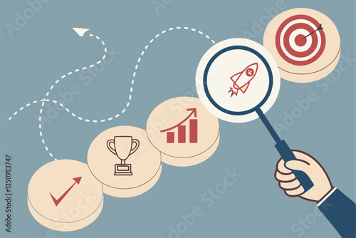 68 Business strategy, goal achievement, wooden circles, icons, growth path, hand holding magnifying glass, target with arrow, blue background, minimal design, concept visualization, step-by-step progr