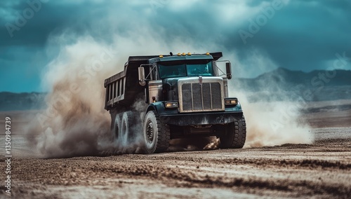 Heavy-duty dump truck navigating a dusty terrain photo