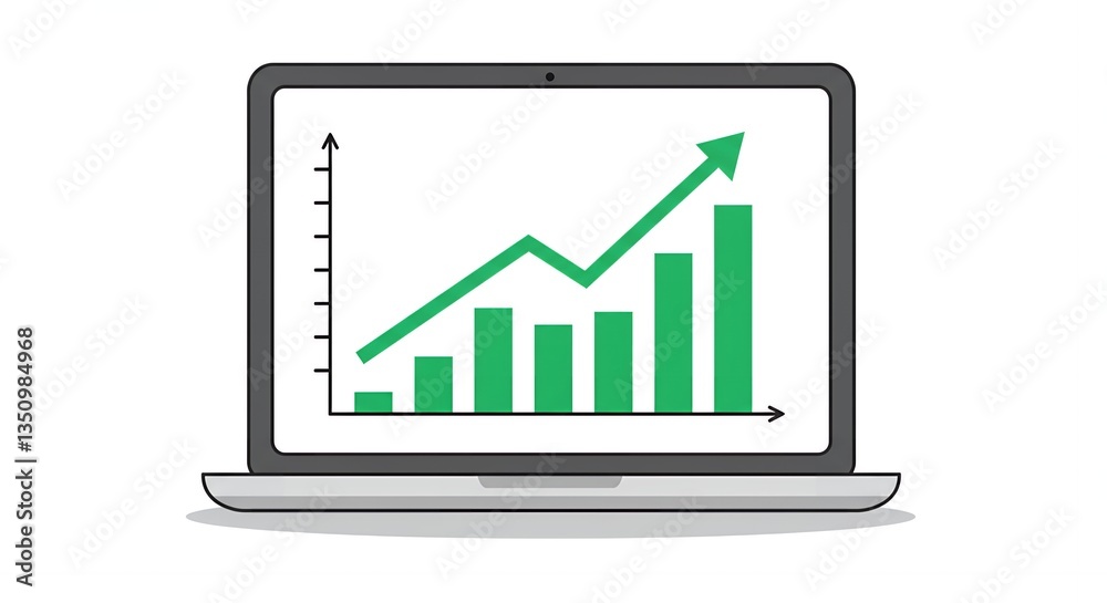 Laptop Displaying Upward Trending Green Bar Graph Indicating Business Growth and Financial Success Laptop Displaying Upward Trending Green Bar Graph Indicating Business Growth and Financial Success