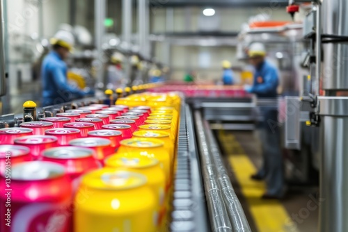 Wallpaper Mural A busy beverage production facility with workers overseeing the filling of colorful cans with soda and juices, ready for distribution. Torontodigital.ca