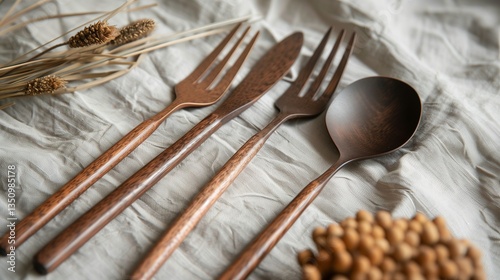 A rustic wooden-handled cutlery set with a refined yet natural aesthetic.