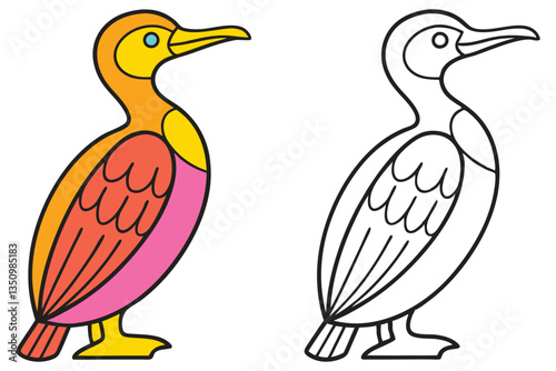 Colorful Bird Illustration with Coloring Page Option Bird Drawing for Kids Simple Avian Design for Children's Book or Educational Material