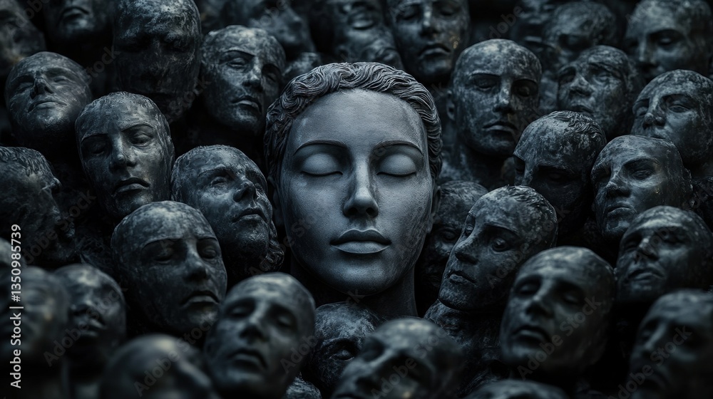 Fototapeta premium Captivating Sculpture of Human Faces Emerging from an Enigmatic Sea of Stone, Showcasing Complex Emotions and Intricate Details in a Dark Atmosphere