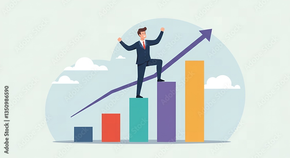 Businessman Celebrating Success on Growing Graph Chart: Achieving Financial Goals and Climbing to the Top