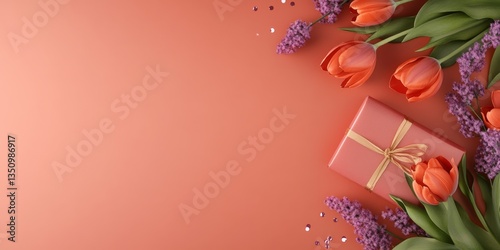 A vibrant still life features an elegantly arranged assortment of gifts and fresh flowers, perfectly set against a colorful backdrop, symbolizing celebration, and gift-giving.