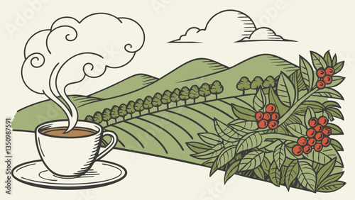 a cup of coffee with steam emanating from it in the form of a cloud with a mountain landscape. pleasant natural atmosphere with coffee plantations
