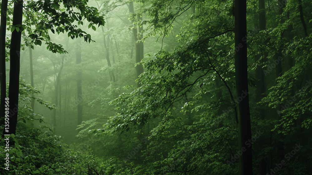 Fototapeta premium A serene forest scene with a wooden bench nestled amongst lush green trees and rich saturation of greens creating a peaceful atmosphere.