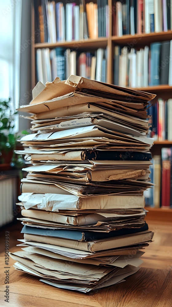 Obraz premium Large Stack of Documents and Files Near Bookshelf