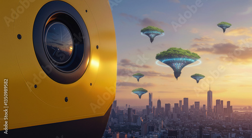 Futuristic cityscape with floating islands and advanced technology