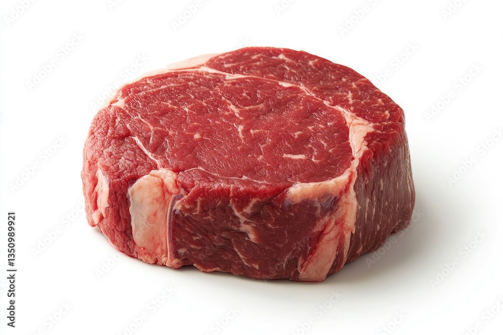 Raw, round steak, isolated on white. A whole, uncooked, round cut of beef, with visible marbling, is presented against a pure white background. Raw, round steak, isolated on white. A whole, uncooked, round cut of beef, with visible marbling, is presented against a pure white background.