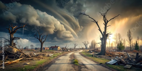 Desolate landscape with uprooted trees and shattered buildings amidst a tornado's devastating path