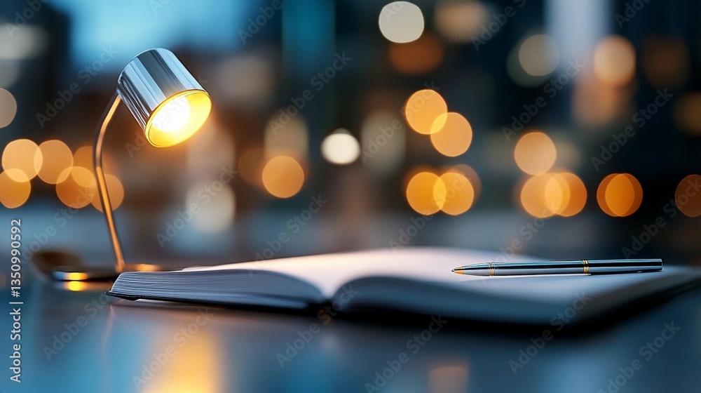 Illuminated desk with open notebook, pen, and city bokeh background. Illuminated desk with open notebook, pen, and city bokeh background.