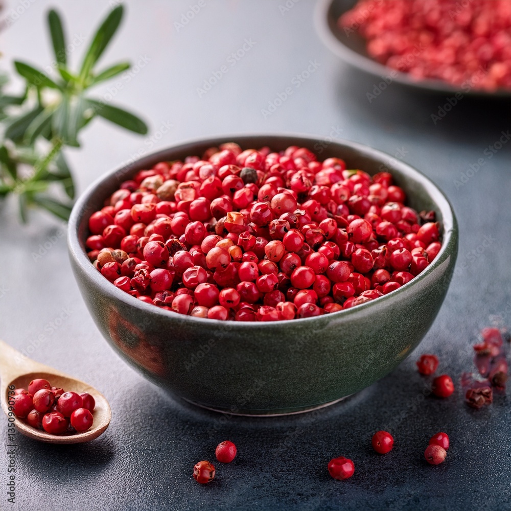 Red peppercorns in bowl 