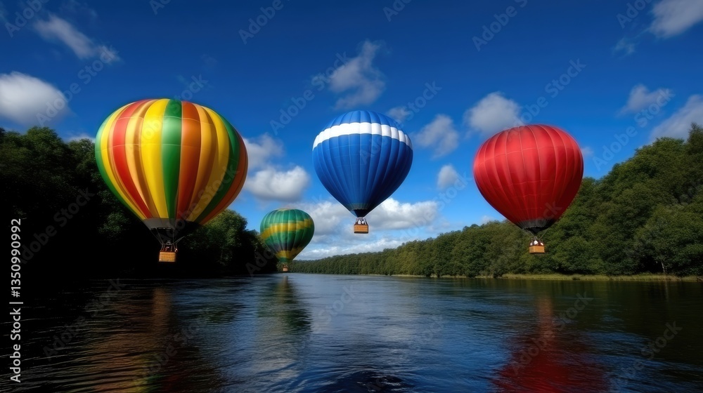 Fototapeta premium Colorful hot air balloons fly low over a calm river surrounded by lush green forests under a bright blue sky.