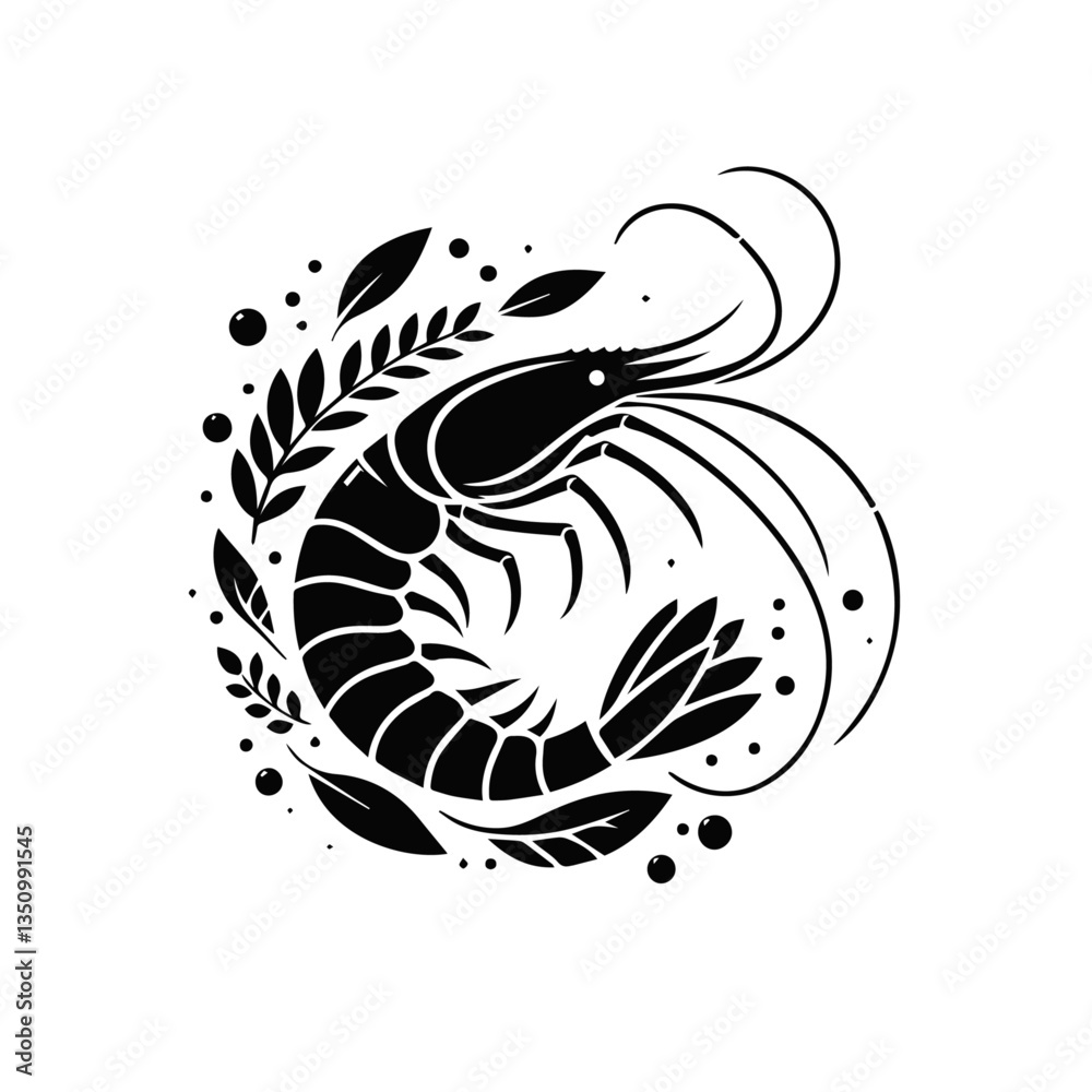 Obraz premium Shrimp Silhouette Vector – High-Quality Black and White Prawn Illustration for Seafood Logos & Design