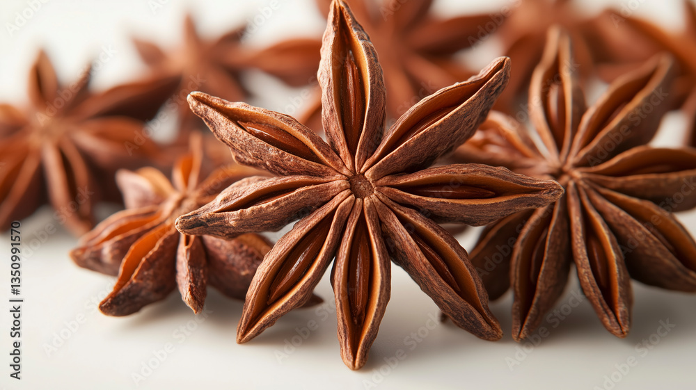 Visualize the beauty of star anise with a striking close-up on white, catered to content creators. Visualize the beauty of star anise with a striking close-up on white, catered to content creators.
