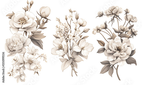 Creative 2D Doodle Floral Illustrations on White Background